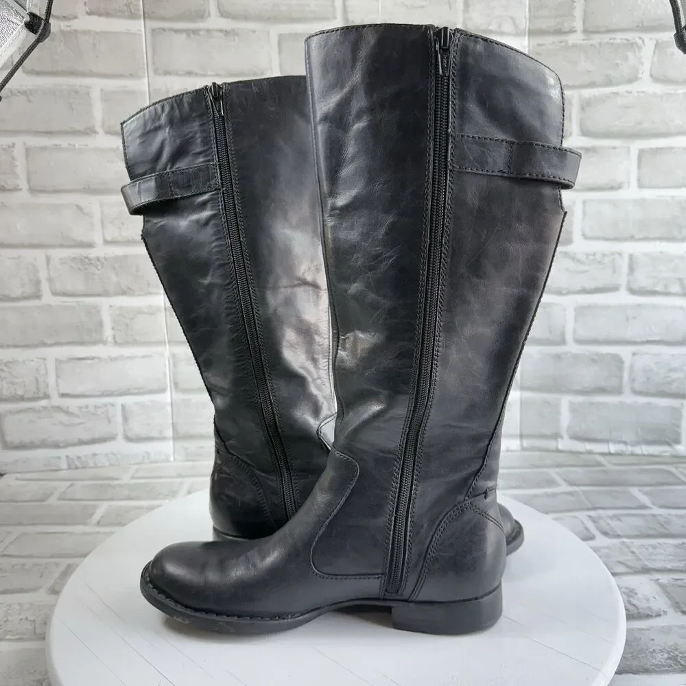 BORN Women's Size 7.5 Black Leather Knee High Side Zip Buckle Boots